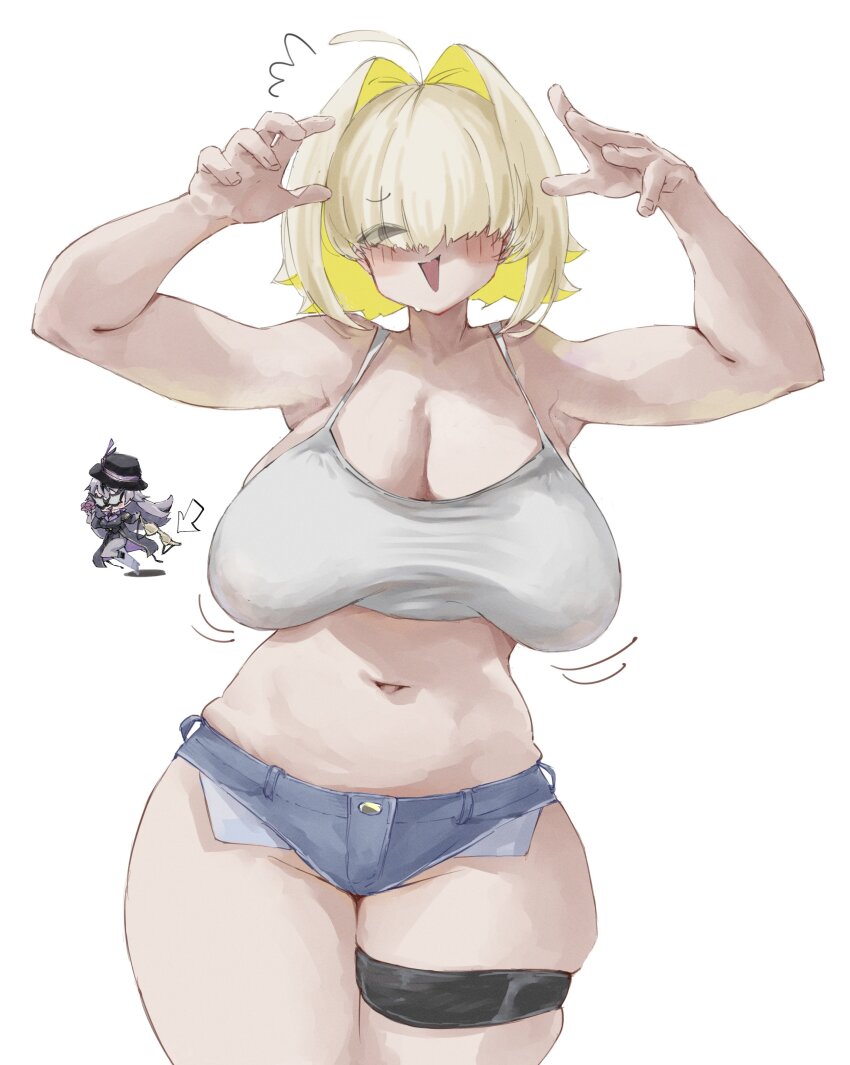 2girls, ^^^, absurdres, ahoge, armpits, arms_up, black_hat, blonde_hair, blue_shorts, blush, bra, breasts, camisole, chibi, cleavage, commentary, cowboy_shot, denim, denim_shorts, elegg_(nikke), english_commentary, eyes_visible_through_hair, goddess_of_victory:_nikke, groin, hair_intakes, hat, highres, hii_(motorholic), large_breasts, legs_together, looking_at_viewer, mixed-language_commentary, motion_lines, multiple_girls, navel, no_bra, one_eye_covered, open_hands, open_mouth, phantom_(nikke), sagging_breasts, short_shorts, shorts, simple_background, skindentation, solo, thigh_strap, thighs, triangle_mouth, underwear, white_background, white_camisole