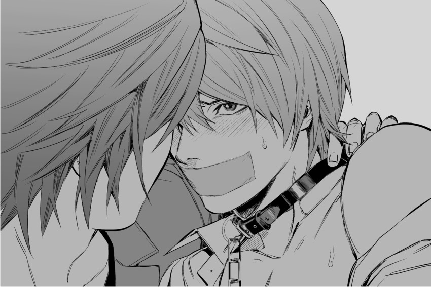 2boys, blush, chain, chain_leash, collar, collarbone, death_note, fingernails