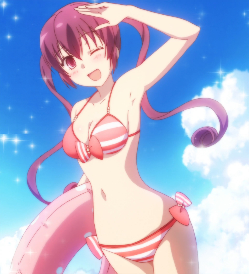 1girl, arms_up, bare_arms, bare_legs, bare_shoulders, bikini, blush, bow, breasts, cloud, collarbone, day, dot_nose, feet_out_of_frame, female_focus, hair_between_eyes, highres, holding, inflatable_toy, legs, long_hair, looking_at_viewer, medium_breasts, nakamura_misa, navel, one_eye_closed, outdoors, ramen_daisuki_koizumi-san, sky, solo, sparkle, standing, stitched, string_bikini, swimsuit, third-party_edit, twintails, wink