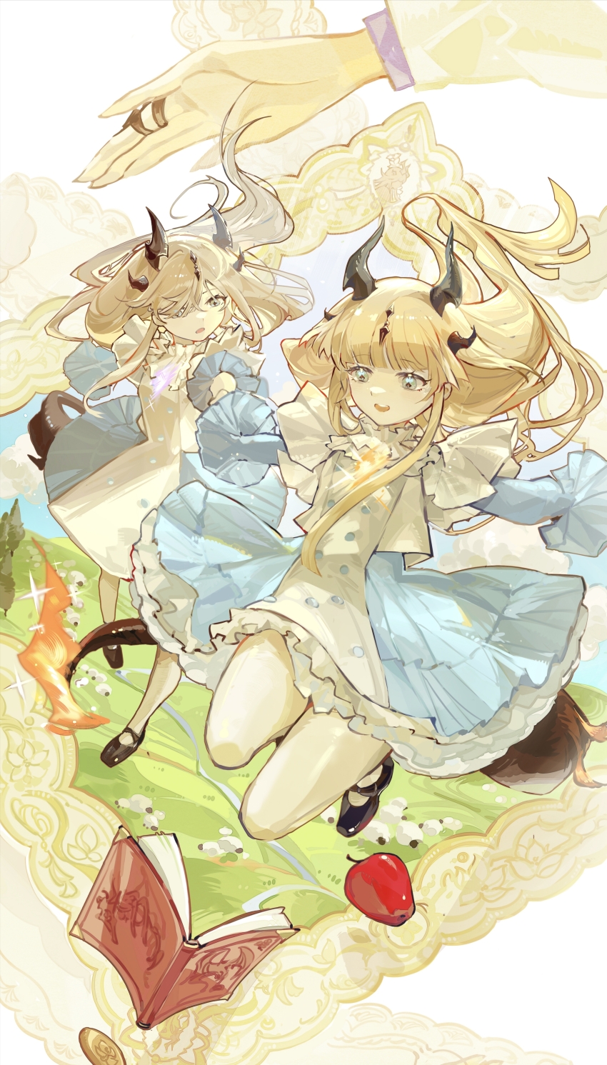 2girls, :o, absurdres, aged_down, alternate_costume, apple, apron, arknights