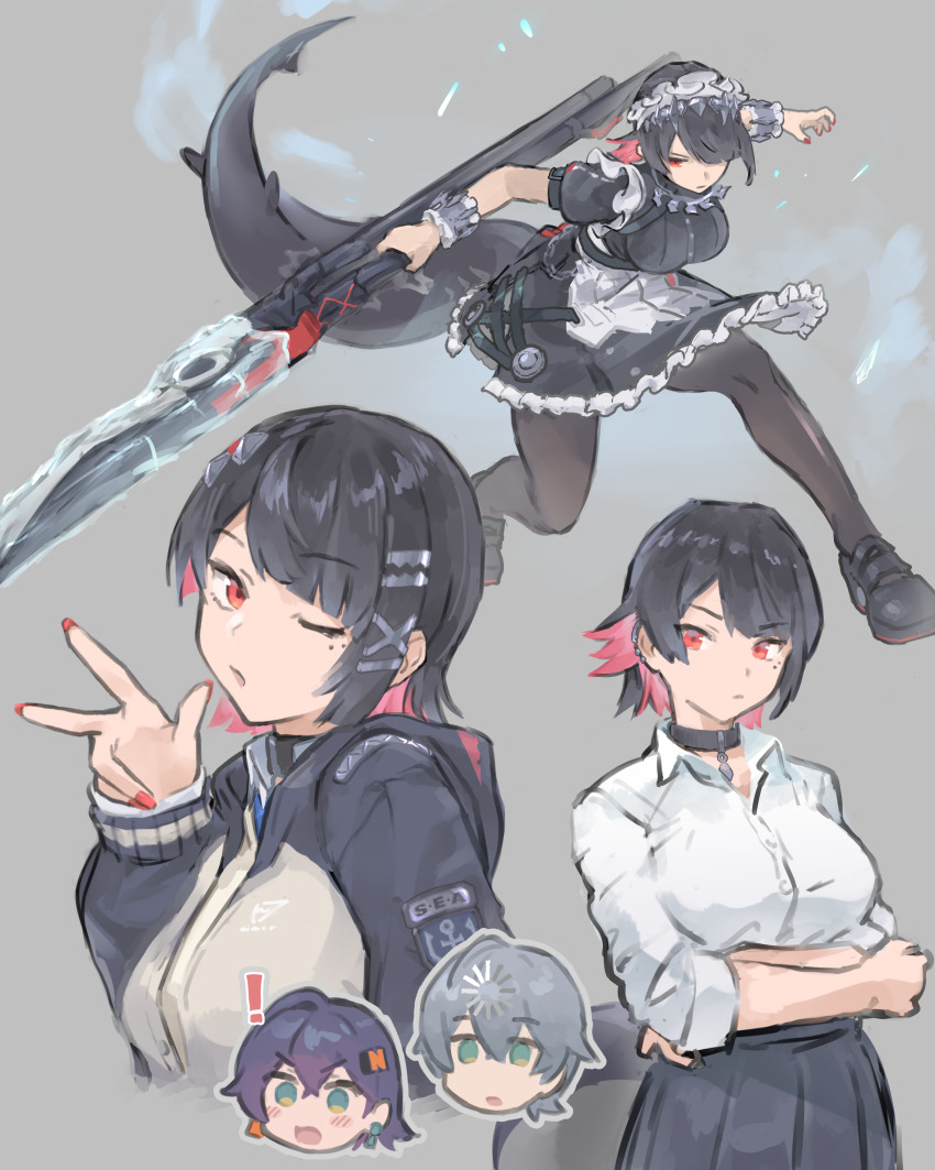 !, 1boy, 2girls, absurdres, belle_(zenless_zone_zero), black_choker, black_dress, black_hair, black_pantyhose, black_shoes, black_skirt, blue_hair, breasts, chikoku_no_oni, choker, closed_mouth, collared_shirt, commentary_request, crossed_arms, dress, ellen_joe, ellen_joe_(on_campus), fins, fish_tail, green_eyes, grey_background, hair_ornament, hair_over_one_eye, hairclip, highres, holding, holding_weapon, hood, hood_down, hooded_jacket, ice, jacket, large_breasts, loading_icon, long_sleeves, maid, maid_headdress, multiple_girls, multiple_views, nail_polish, one_eye_closed, open_mouth, pantyhose, pink_hair, pleated_skirt, red_nails, shark_tail, shirt, shoes, short_hair, short_sleeves, simple_background, skirt, tail, w, weapon, white_shirt, wise_(zenless_zone_zero), zenless_zone_zero