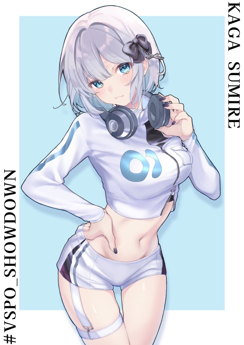 1girl, :3, black_nails, blue_eyes, bow, character_name, colored_inner_hair, cowboy_shot