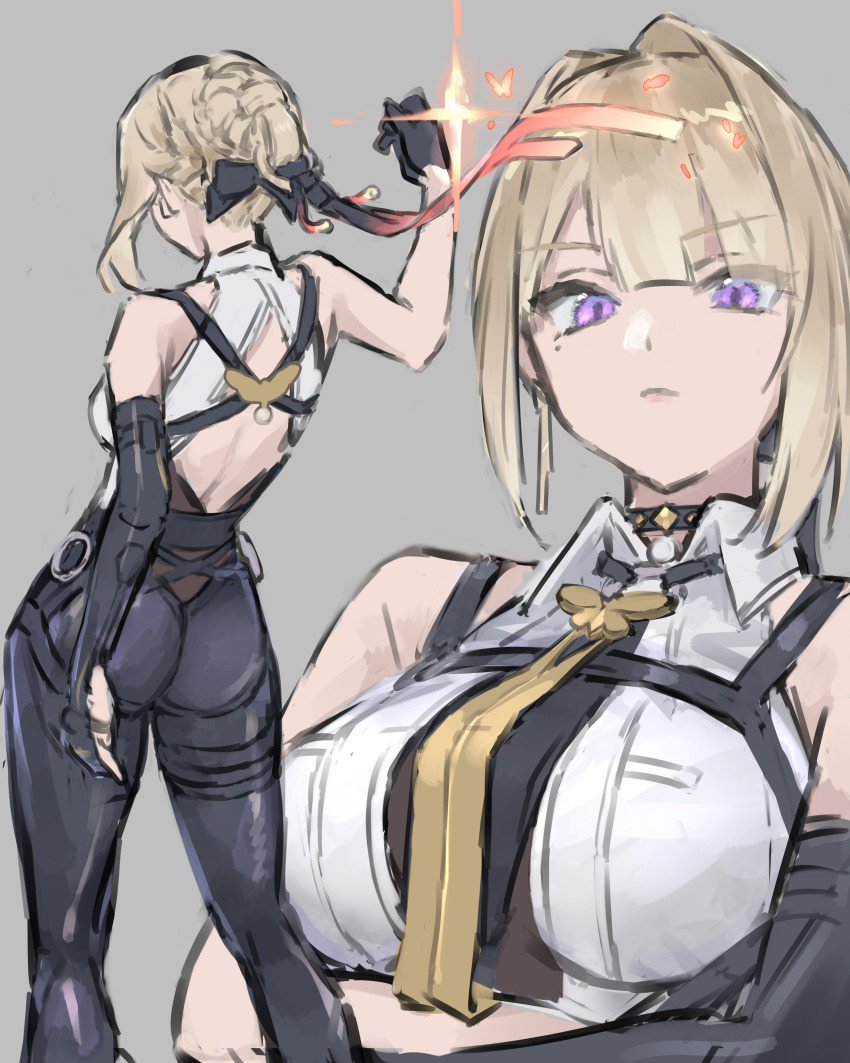 1girl, absurdres, ass, back_cutout, black_gloves, black_pants, black_ribbon, blonde_hair