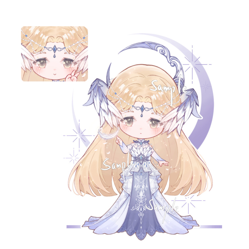 1girl, ayayayai, bare_shoulders, blonde_hair, blue_bridal_gauntlets, blue_tabard, bridal_gauntlets, chibi, circlet, close-up, closed_mouth, collar, crescent, detached_collar, dress, earrings, feather-trimmed_dress, feathered_wings, feathers, gown, gradient_bridal_gauntlets, halo, halo_behind_head, head_wings, high_collar, highres, infinity_nikki, jewelry, light_blush, long_dress, long_hair, necklace, nikki_(series), parted_bangs, sample_watermark, silvergale's_aria_(infinity_nikki), simple_background, smile, sparkle, sparkling_eyes, straight-on, tabard, v, very_long_hair, watermark, white_background, white_bridal_gauntlets, white_collar, white_dress, white_wings, wings, yellow_eyes