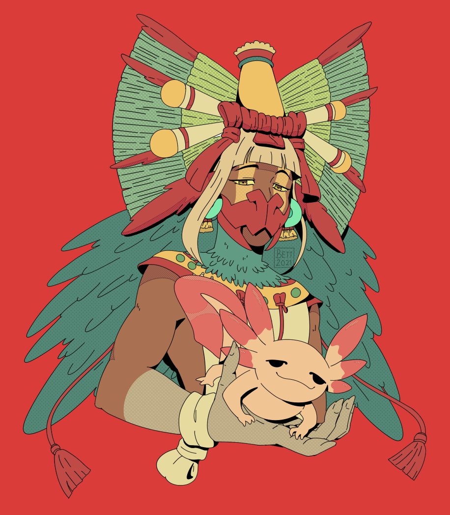 1boy, :3, artist_name, axolotl, aztec, bare_arms, beak_mask, bettwitch, black_eyes, brothers, colored_skin, cropped_torso, dark-skinned_male, dark_skin, earrings, facial_mark, feathers, gradient_skin, green_feathers, headdress, jewelry, looking_at_viewer, mask, meque_(onyx_equinox), mouth_mask, nail_polish, onyx_equinox, quetzalcoatl_(onyx_equinox), red_background, red_mask, short_hair_with_long_locks, siblings, twins, white_hair, white_nails, white_skin, yellow_eyes