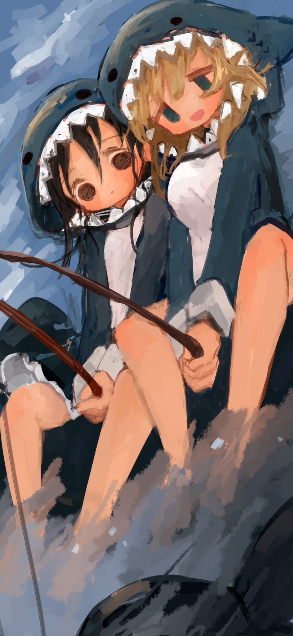 2girls, alternate_costume, animal_costume, animal_hood, bare_legs, black_hair, blonde_hair, chito_(shoujo_shuumatsu_ryokou)