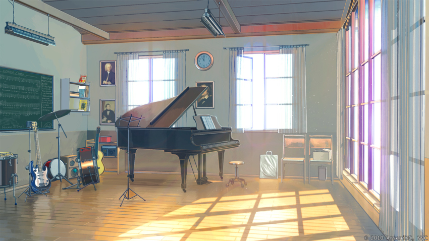acoustic_guitar, arsenixc, artist_collaboration, chair, chalkboard, clock, cymbals, drum, everlasting_summer, franz_liszt, franz_schubert, game_cg, guitar, instrument, johann_sebastian_bach, no_humans, painting_(object), piano, portrait, portrait_(object), real_life, real_life_insert, scenery, sunlight, vvcephei, window