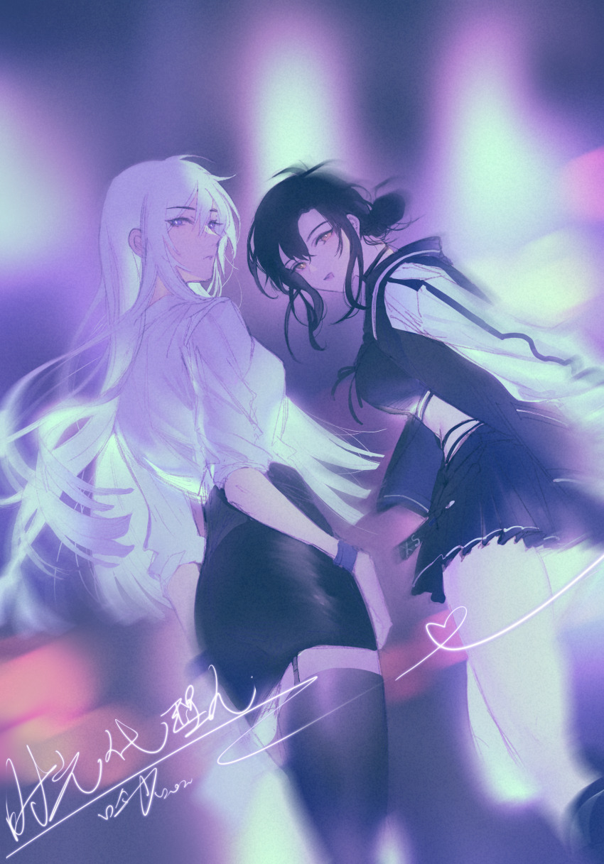 2girls, artist_name, black_hair, black_skirt, black_thighhighs, blue_eyes, blurry, blurry_background