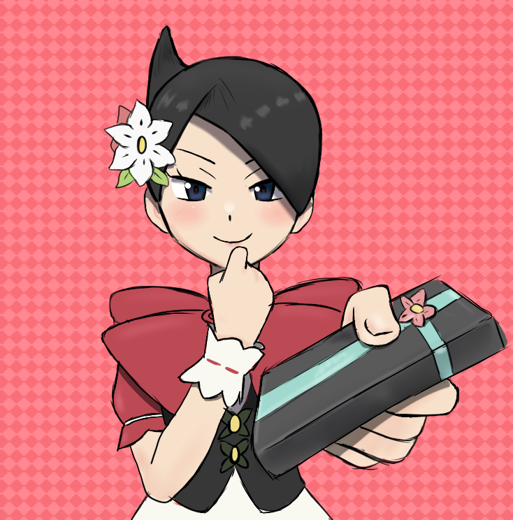 1girl, black_hair, blue_eyes, blush, box, cowlick, donrhy96, flower