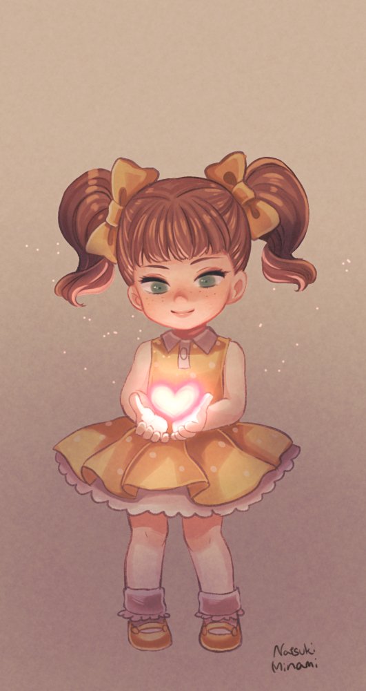 1girl, artist_name, bare_shoulders, bow, brown_hair, child, closed_mouth, commentary, dress, flat_chest, freckles, full_body, gabby_gabby, glowing, glowing_heart, gradient_background, green_eyes, hair_bow, heart, knees, mary_janes, natsuki_nori, polka_dot, polka_dot_dress, print_dress, shoes, short_dress, signature, simple_background, sleeveless, sleeveless_dress, smile, solo, standing, toy_story, toy_story_4, twintails, yellow_bow, yellow_dress, yellow_shoes