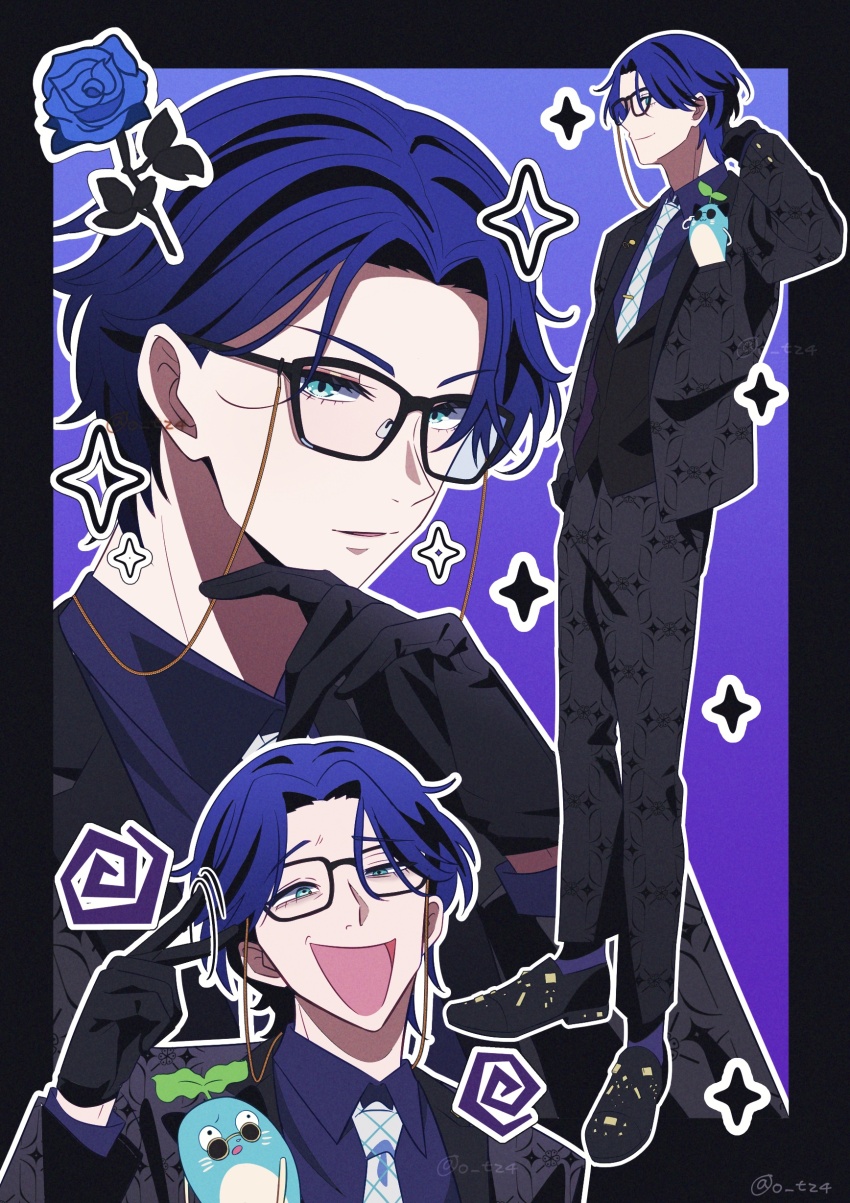 1boy, absurdres, animal, animal_in_clothes, aqua_eyes, black-framed_eyewear, black_gloves, black_jacket