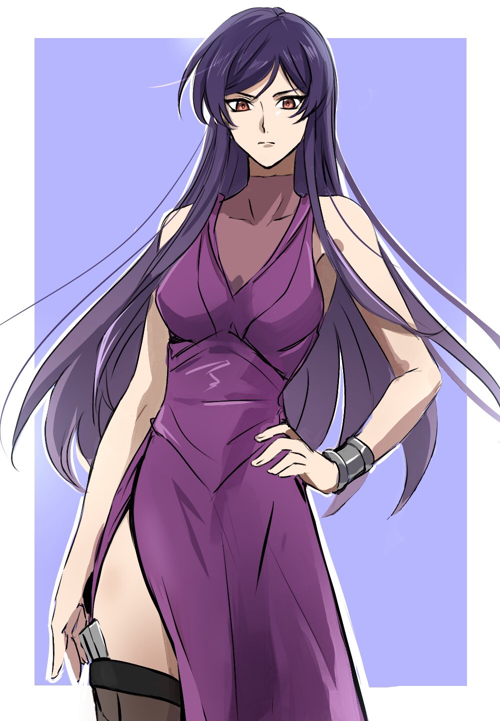 1boy, bracelet, breasts, concealed_weapon, crossdressing, crossdressing_(mtf), dress, gundam, gundam_00, highres, jewelry, long_hair, looking_at_viewer, official_alternate_costume, parted_bangs, purple_hair, red_dress, red_eyes, shikiruru, simple_background, sleeveless, sleeveless_dress, thighhighs, tieria_erde, trap, two-tone_background, very_long_hair, weapon