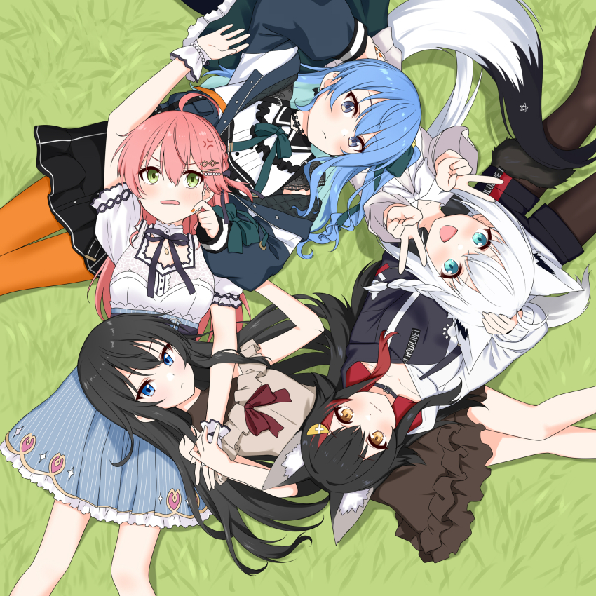 5girls, :d, absurdres, ahoge, anger_vein, animal_ear_fluff, animal_ears, aqua_bow