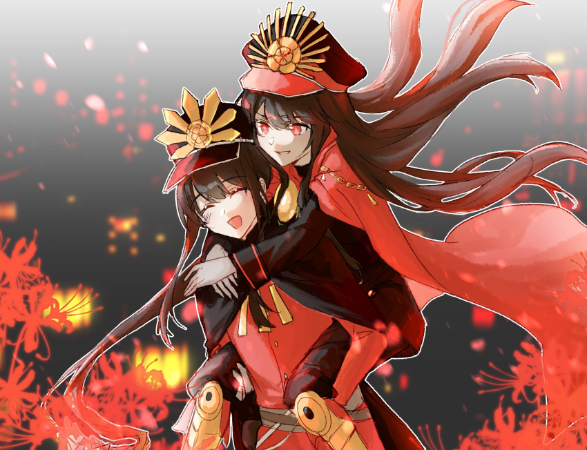 1boy, 1girl, :d, armored_boots, belt, black_background, black_hat, black_jacket