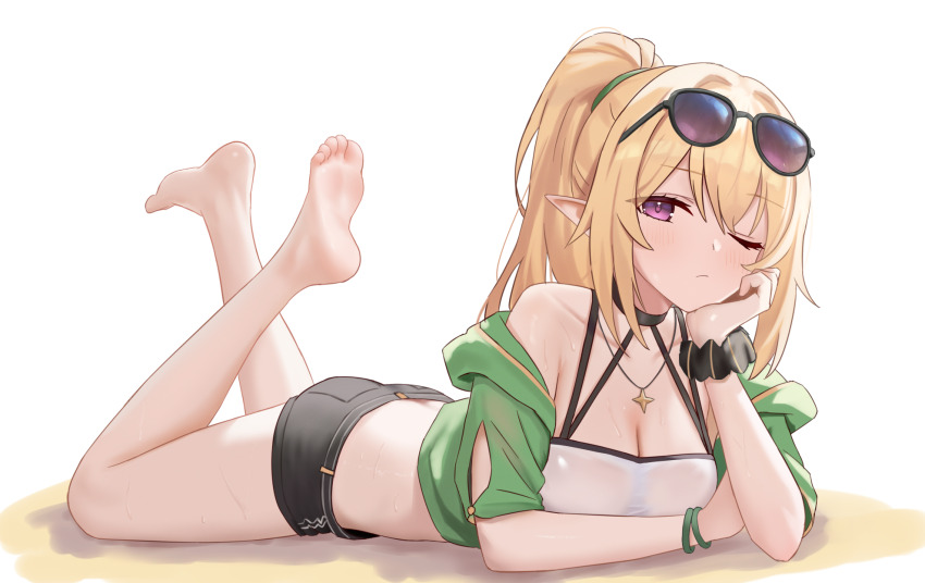1girl, bare_shoulders, barefoot, bikini, black_shorts, blonde_hair, breasts, chloe_(princess_connect!), chloe_(winter)_(princess_connect!), cleavage, closed_mouth, commentary_request, elf, eyewear_on_headwear, fanteam, hair_intakes, highres, large_breasts, long_hair, looking_at_viewer, lying, official_alternate_costume, official_alternate_hairstyle, on_stomach, one_eye_closed, pointy_ears, ponytail, princess_connect!, purple_eyes, short_shorts, shorts, simple_background, soles, solo, sunglasses, swimsuit, toes, white_background, white_bikini