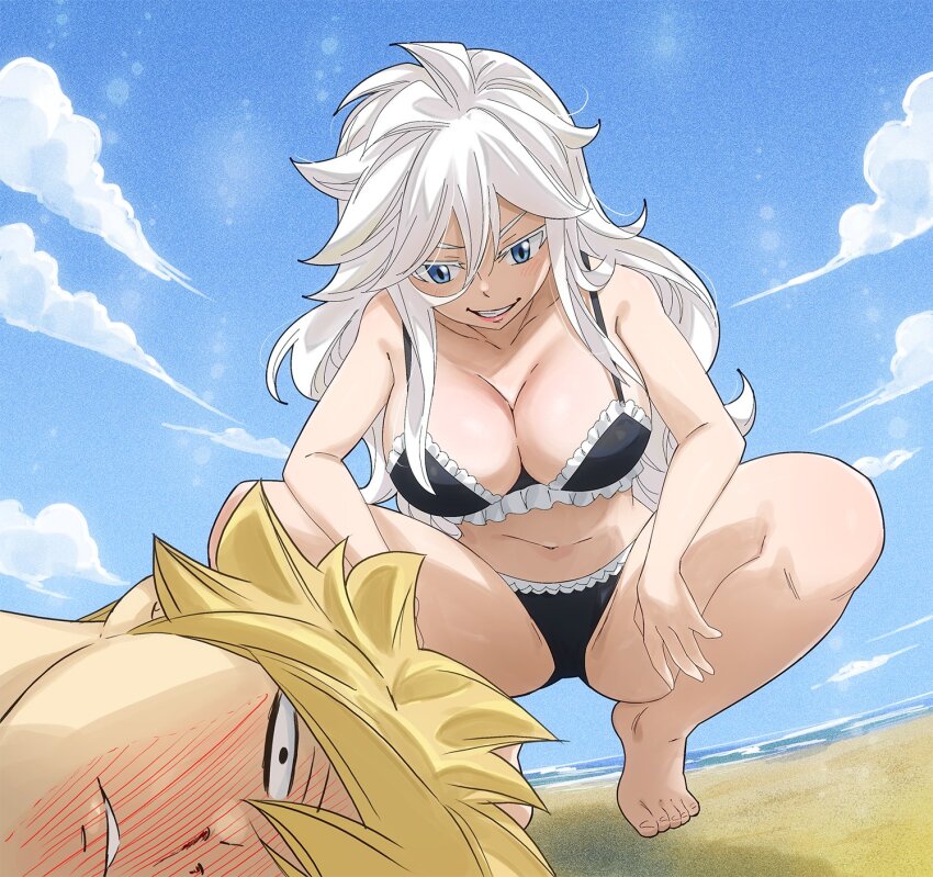 1boy, 1girl, beach, bikini, black_bikini, blonde_hair, blue_eyes, blue_sky