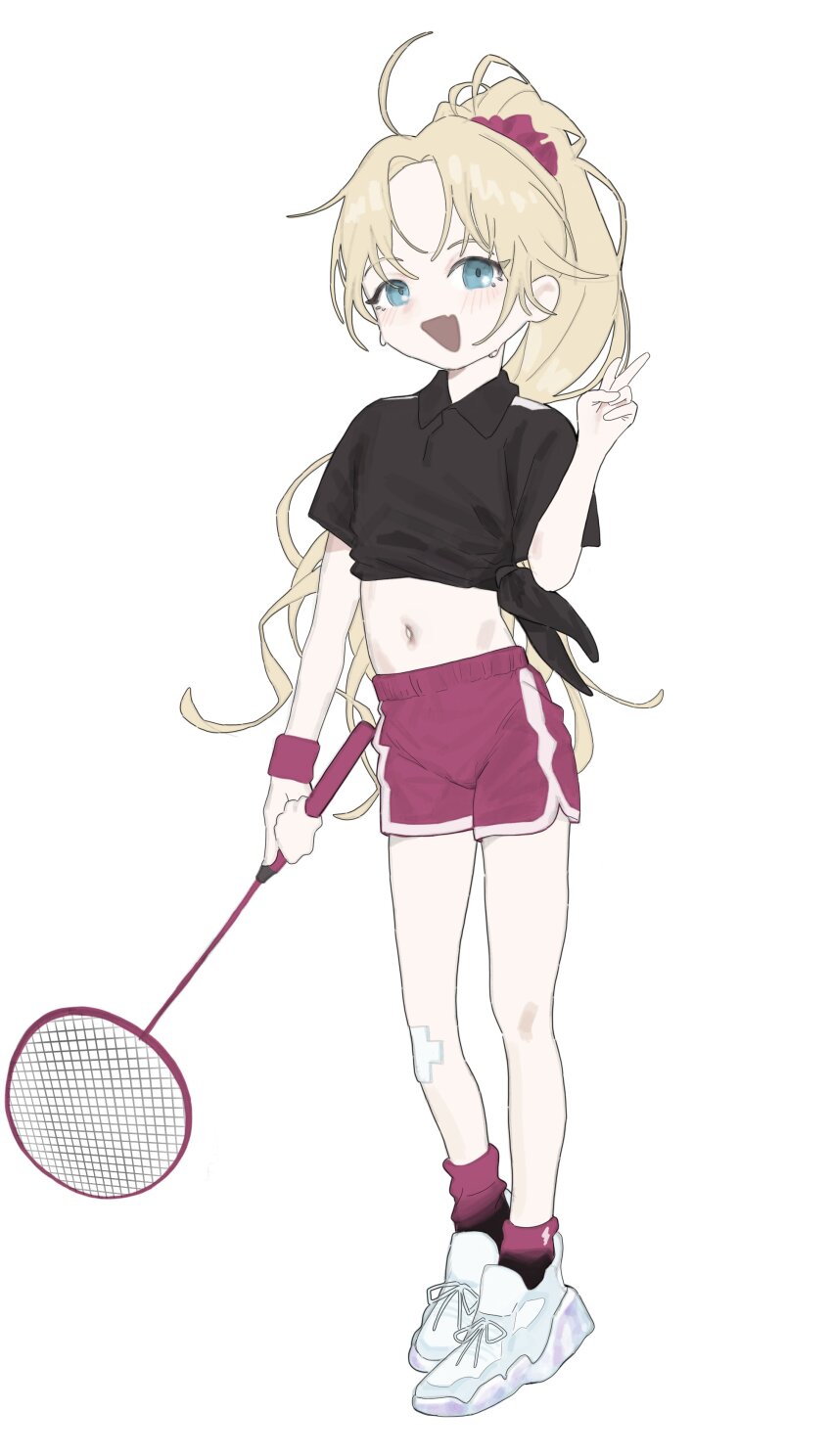1girl, absurdres, badminton_racket, bandaid, bandaid_on_knee, bandaid_on_leg, black_shirt, blonde_hair