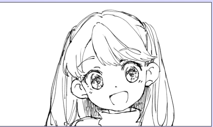 1girl, :d, fujishima_megumi, fujishima_megumi_(young), greyscale, head_tilt, l9525, link!_like!_love_live!