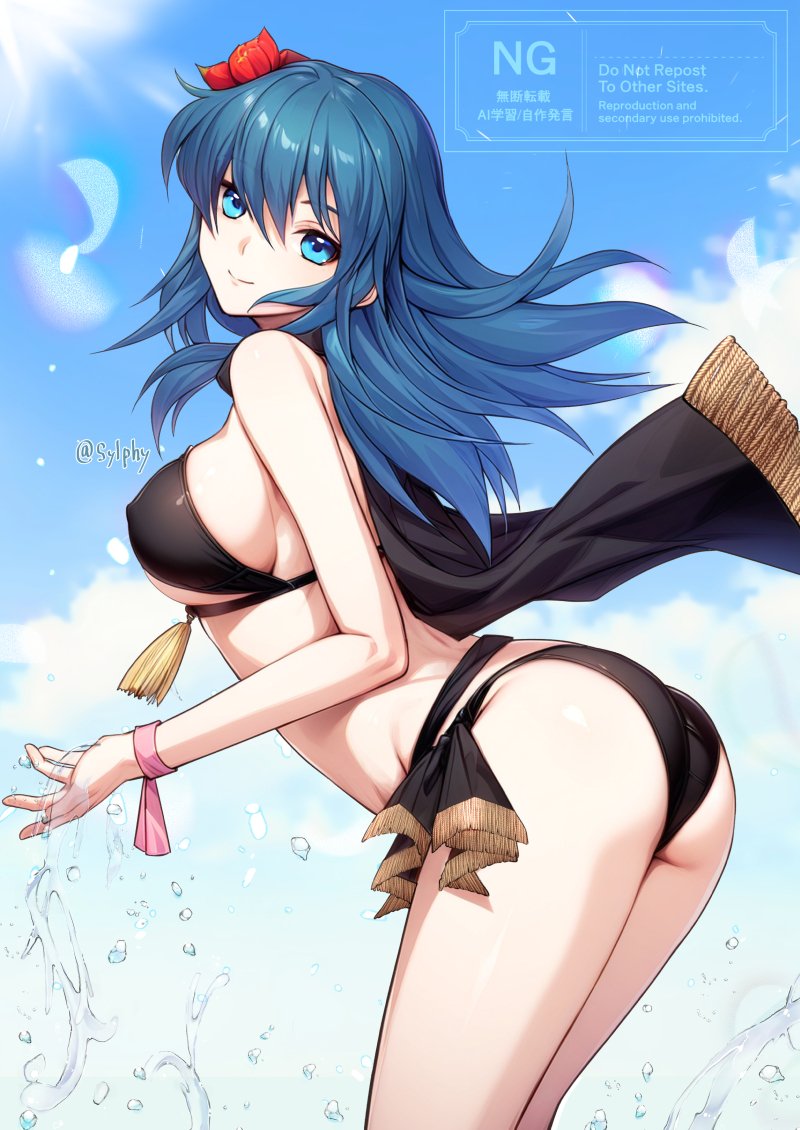 1girl, bikini, black_bikini, blue_eyes, blue_hair, breasts, female_byleth_(fire_emblem), female_byleth_(summer)_(fire_emblem), closed_mouth, covered_erect_nipples, fire_emblem, fire_emblem:_three_houses, fire_emblem_heroes, flower, hair_between_eyes, hair_flower, hair_ornament, hibiscus, large_breasts, long_hair, looking_at_viewer, nintendo, official_alternate_costume, red_flower, smile, solo, swimsuit, sylphy_fe, underboob