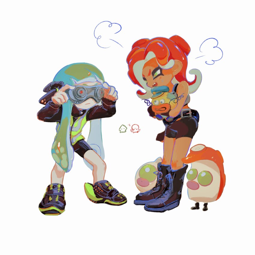2girls, absurdres, adjusting_goggles, agent_3_(splatoon), angry, behind-the-head_headphones, belt, belt_buckle