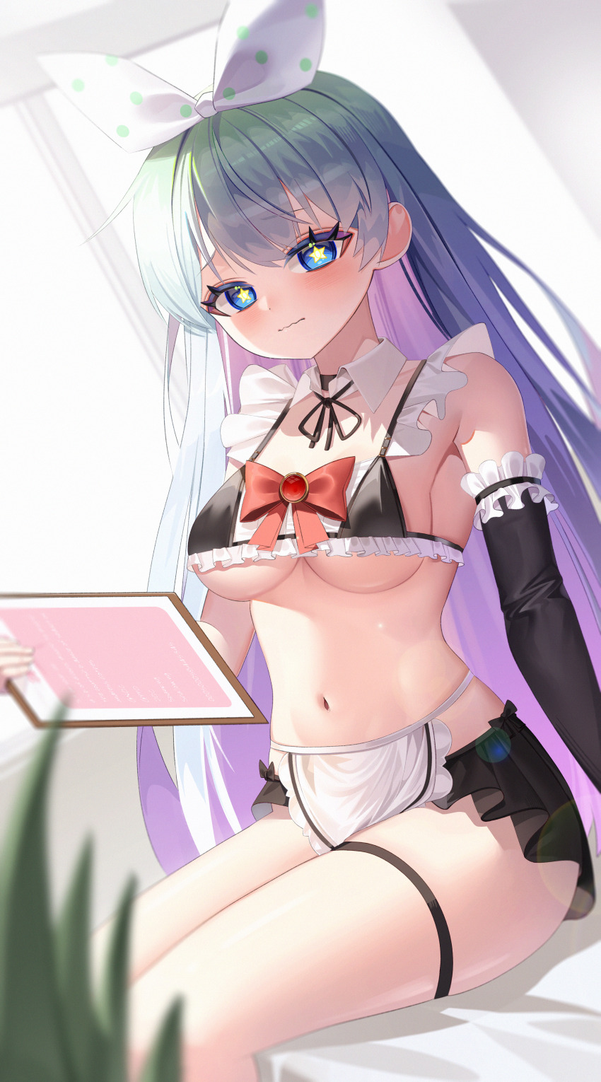 1girl, absurdres, apron, aqua_hair, bare_shoulders, bikini, bikini_skirt, black_bikini
