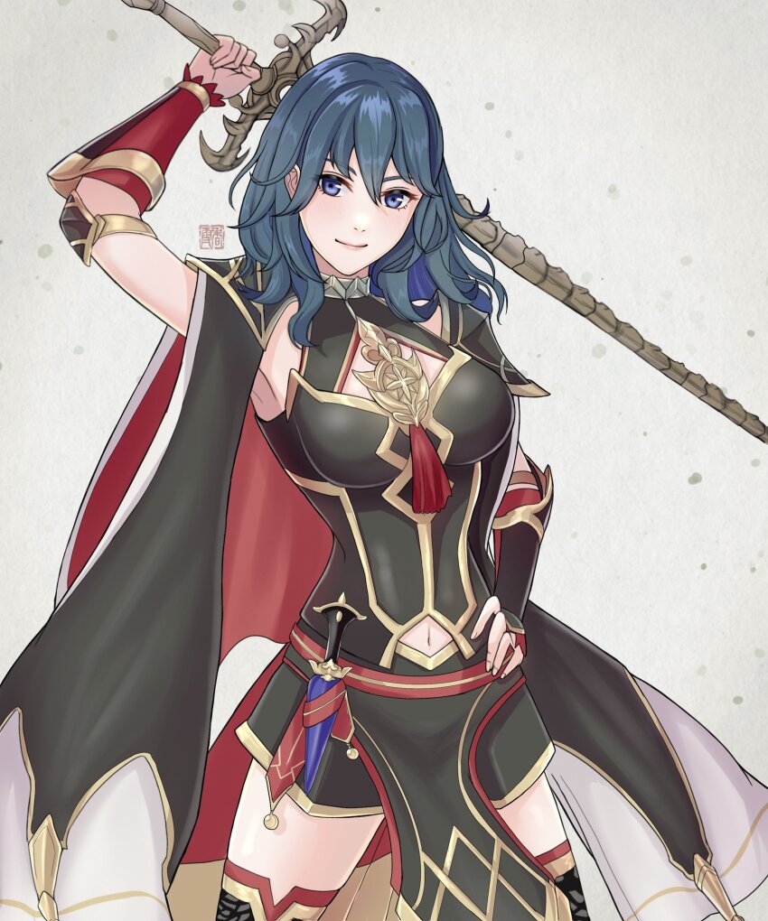 1girl, armor, black_armor, black_cape, blue_eyes, bone_weapon, breasts, brooch