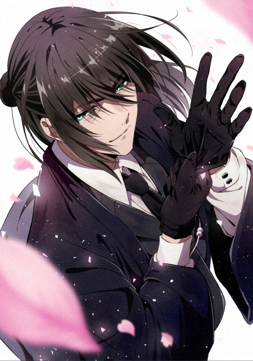 1boy, black_coat, black_gloves, black_hair, black_jacket, black_necktie, black_sleeves, blue_eyes