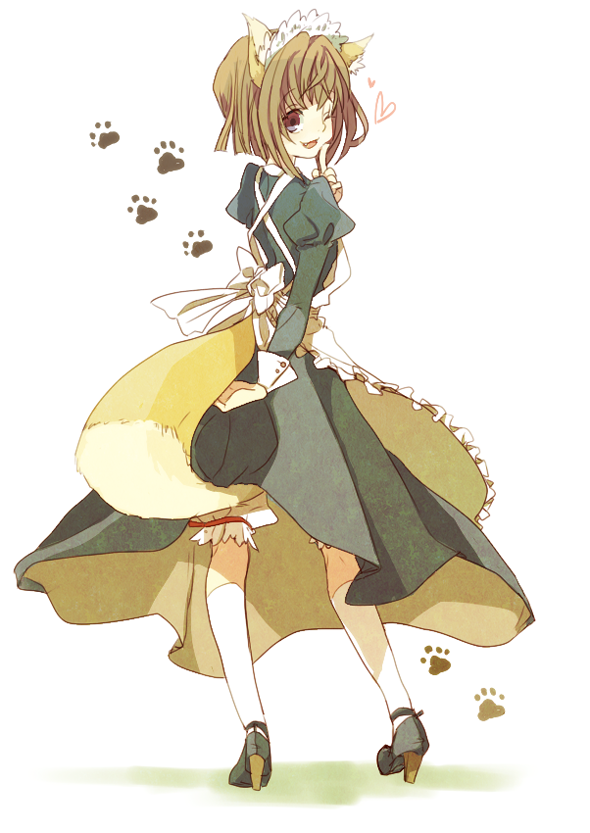 1girl, ;d, alternate_costume, animal_ear_fluff, animal_ears, apron, black_dress, black_shoes