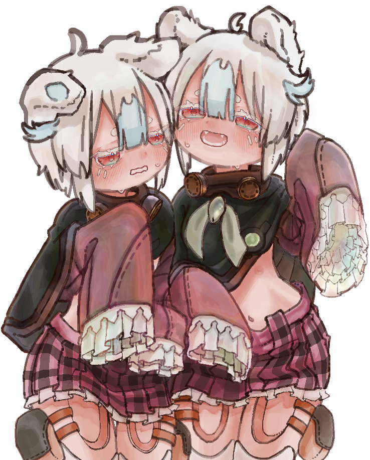 1boy, 1girl, ahoge, animal_ears, blush, brooch, cj6f2lx08scrrc9, extra_nipples, fangs, frilled_skirt, frilled_sleeves, frills, gas_mask, gradient_eyes, jewelry, made_in_abyss, mask, mechanical_legs, menae_(made_in_abyss), midriff_peek, multicolored_eyes, multicolored_hair, nervous_sweating, half-closed_eye, plaid_clothes, plaid_skirt, poncho, pouch, red_eyes, sherumi_(made_in_abyss), short_hair, siblings, skirt, sleeves_past_fingers, sleeves_past_wrists, smile, sweat, thigh_pouch, twins, wavy_mouth, white_hair