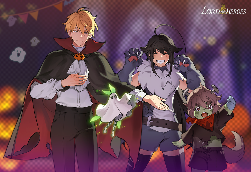 2boys, 2girls, ahoge, animal_ears, animal_hands, arm_up, artist_request, black_cape