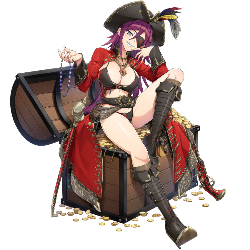 antique_firearm, bikini, black_bikini, boots, coat, coin, cutlass, dolphin_wave