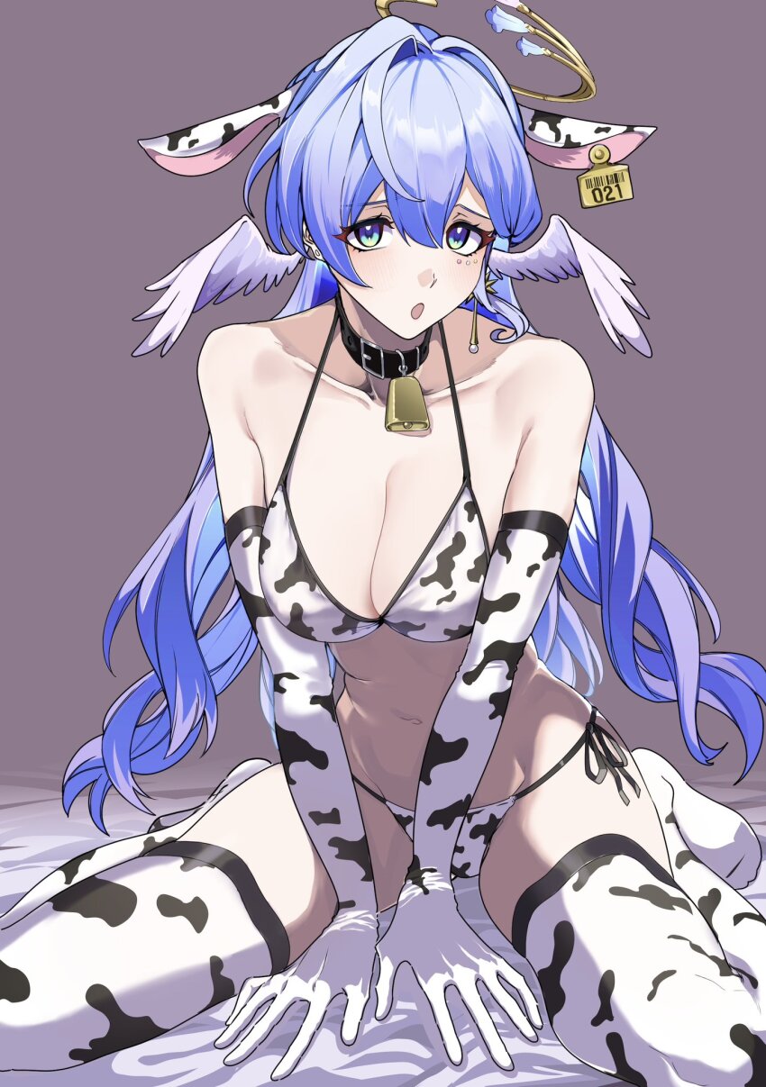1girl, animal_ears, animal_print, bare_shoulders, bell, bikini, blue_hair, breasts
