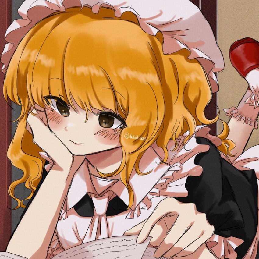 1girl, amacha_0000, black_dress, blonde_hair, blush, bobby_socks, book, brown_eyes, cleaning_maid_(touhou), closed_mouth, commentary_request, dress, hand_on_own_face, hat, highres, lying, medium_hair, mob_cap, on_stomach, portrait_of_exotic_girls, reading, red_shoes, shoes, smile, socks, solo, the_pose, touhou, white_hat, white_socks