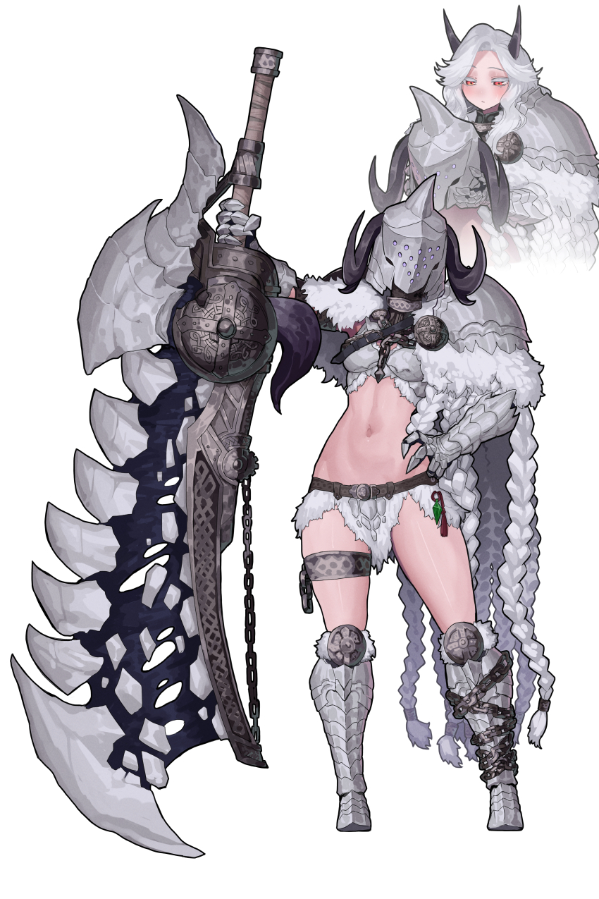 1girl, absurdres, arkveld_(armor), armor, armored_boots, belt, black_horns, boots, breasts, cape, chain, commentary, curtained_hair, ekrea_jan, full_body, fur-trimmed_cape, fur_trim, gauntlets, greatsword, grey_boots, hand_on_own_hip, helmet, highres, holding, holding_sword, holding_unworn_helmet, holding_weapon, horns, jewelry, leg_armor, medium_breasts, monster_hunter_(character), monster_hunter_(series), monster_hunter_wilds, navel, red_eyes, shoulder_armor, standing, stomach, sword, thigh_strap, thighlet, unworn_helmet, weapon, white_background, white_hair