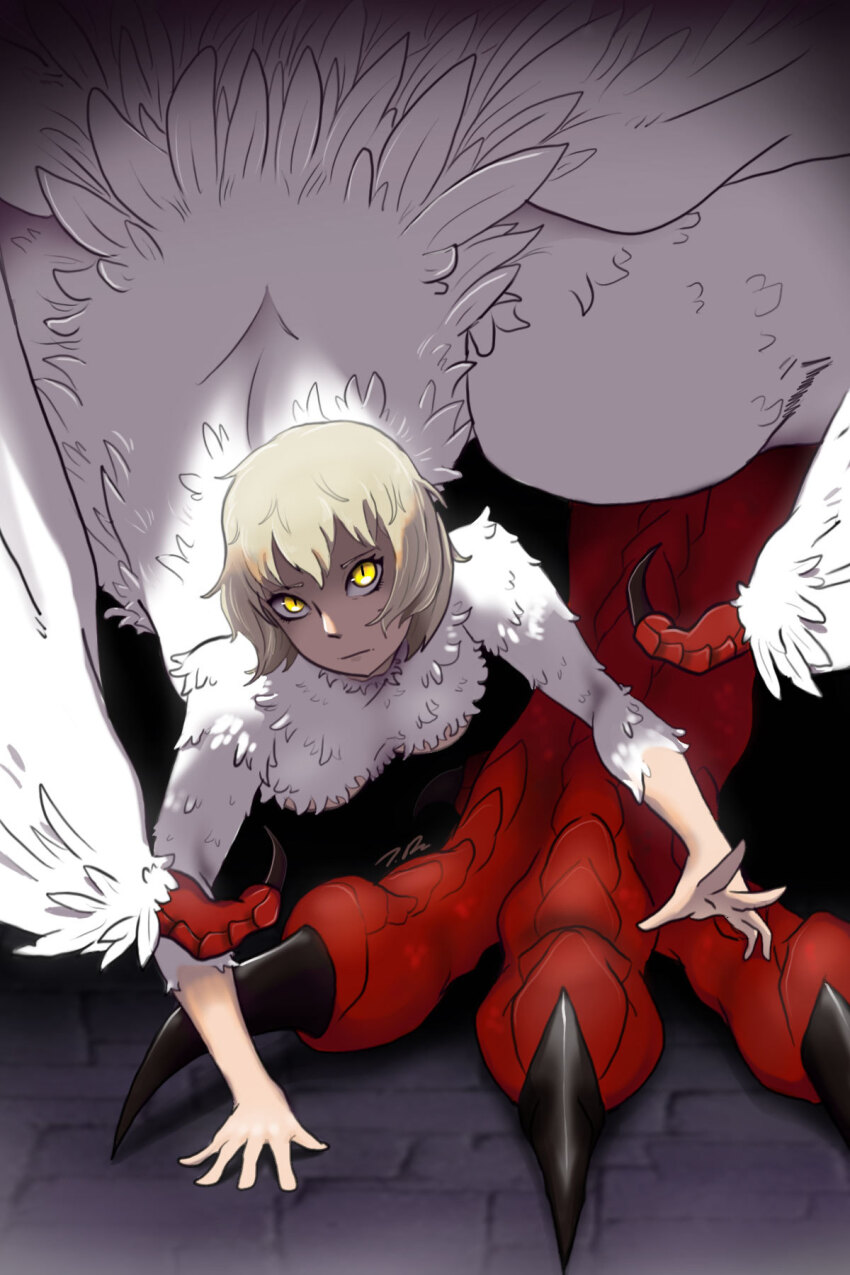 1girl, black_background, blonde_hair, centauroid, chimera, clawed_wings, close-up, dragon_girl, dungeon_meshi, expressionless, facing_viewer, falin_touden, falin_touden_(chimera), feathered_wings, feathers, glowing, glowing_eyes, highres, imminent_pounce, joselyn565, looking_at_viewer, monster_girl, red_scales, solo, staring, taur, white_feathers, white_wings, wings, yellow_eyes