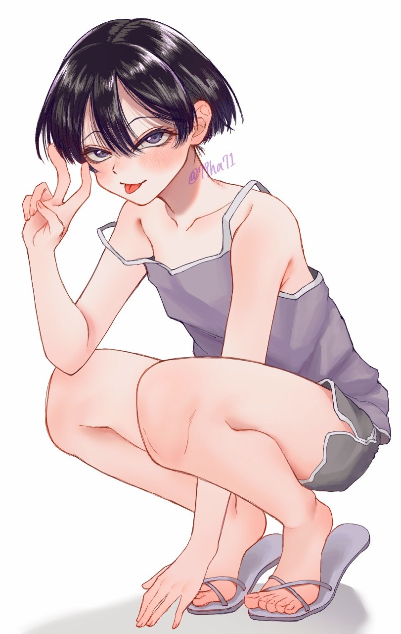 1girl, :p, bare_arms, bare_shoulders, black_hair, blush, camisole, collarbone, commentary_request, dolphin_shorts, grey_shorts, hand_on_ground, hand_up, highres, looking_at_viewer, masumi_jun, nakinishimoarazu, purple_camisole, purple_eyes, sandals, short_hair, short_shorts, shorts, simple_background, solo, squatting, sankyuu_pitch, tiptoes, toes, tongue, tongue_out, twitter_username, v, white_background