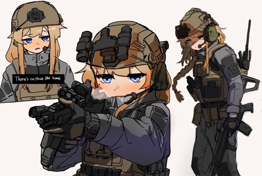 1girl, assault_rifle, braid, bulletproof_vest, ear_protection, gloves, gugyun_(gugyun_00), gun