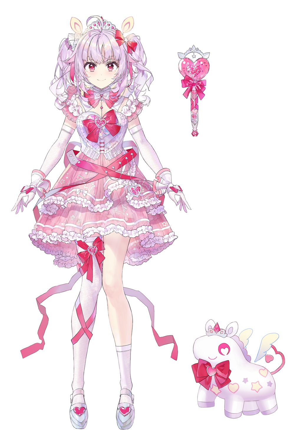 1girl, ahoge, amoria_(vtuber), asymmetrical_legwear, bow, brooch, closed_mouth, commentary_request