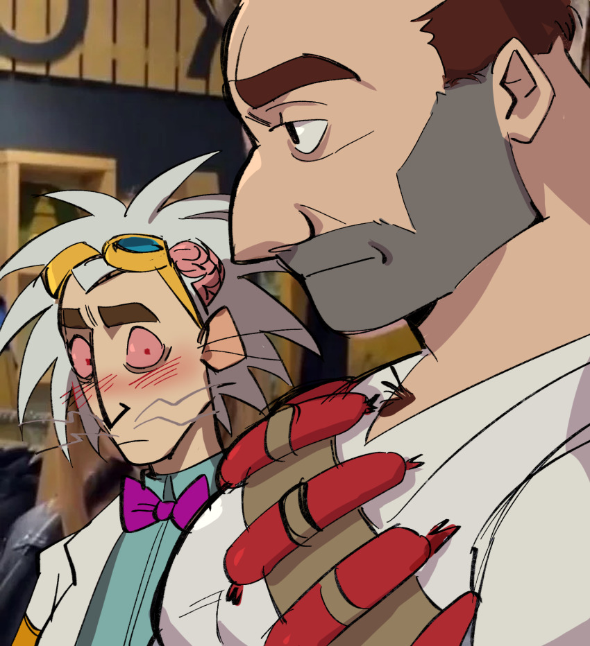 2boys, aqua_shirt, bags_under_eyes, bara, black_eyes, blush, bow, bowtie, brain, brown_hair, closed_mouth, collared_shirt, colored_sclera, commentary, derivative_work, dr._two-brains, english_commentary, exposed_brain, eyewear_on_head, facial_hair, food, frown, fryology, girl_staring_at_guy's_chest_(meme), gloves, goggles, goggles_on_head, grey_hair, highres, indoors, large_pectorals, looking_at_another, male_focus, manly, mature_male, meme, messy_hair, mismatched_eyebrows, multiple_boys, muscular, muscular_male, nose, pectorals, photo_background, pink_sclera, purple_bow, purple_bowtie, red_eyes, sausage, shirt, short_hair, steven_boxleitner, stubble, the_butcher_(wordgirl), thick_eyebrows, upper_body, v-neck, whiskers, white_shirt, wordgirl_(series), yaoi, yellow_gloves