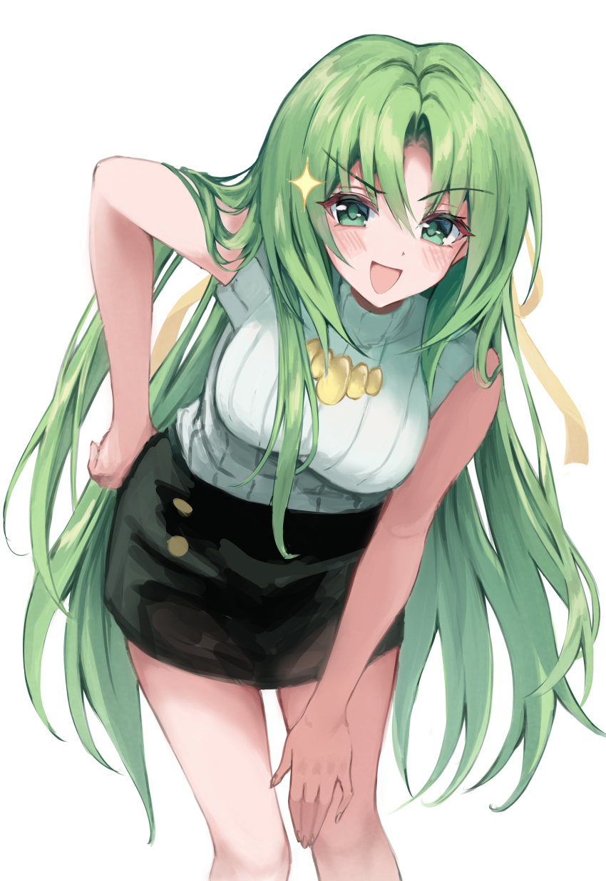 1girl, :d, absurdres, black_skirt, blush, breasts, cowboy_shot, green_eyes