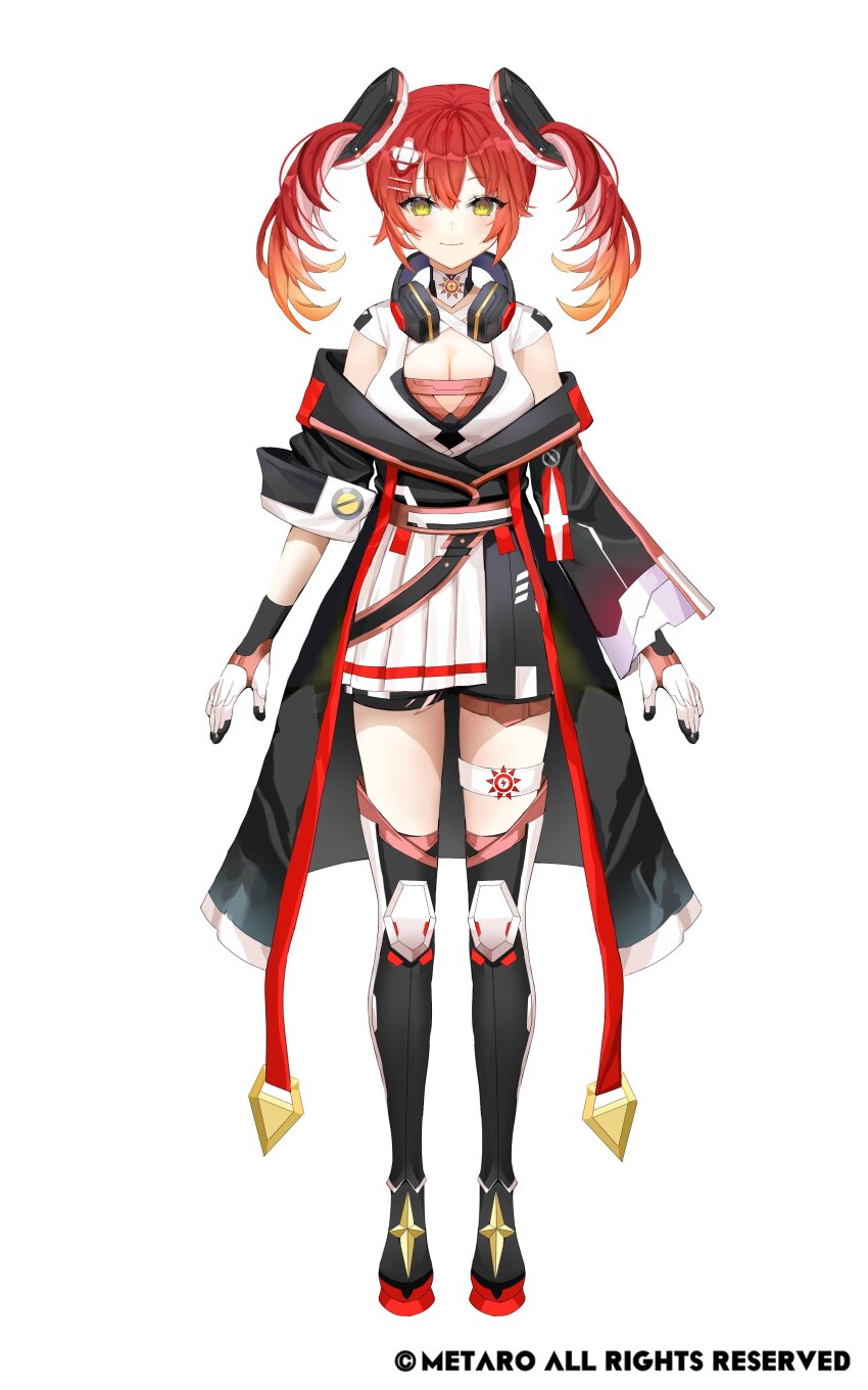 1girl, absurdres, black_coat, black_shoes, blush, boots, breasts, cleavage, coat, colored_inner_hair, commentary_request, etherna_helen, gloves, gradient_hair, hair_between_eyes, hair_ornament, hairclip, headphones, headphones_around_neck, highres, korean_commentary, lloule, multicolored_gloves, multicolored_hair, official_art, orange_hair, pink_hair, red_hair, shoes, simple_background, solo, thigh_boots, thigh_strap, twintails, v&amp;u_entertainment, virtual_youtuber, white_background, white_gloves, yellow_eyes