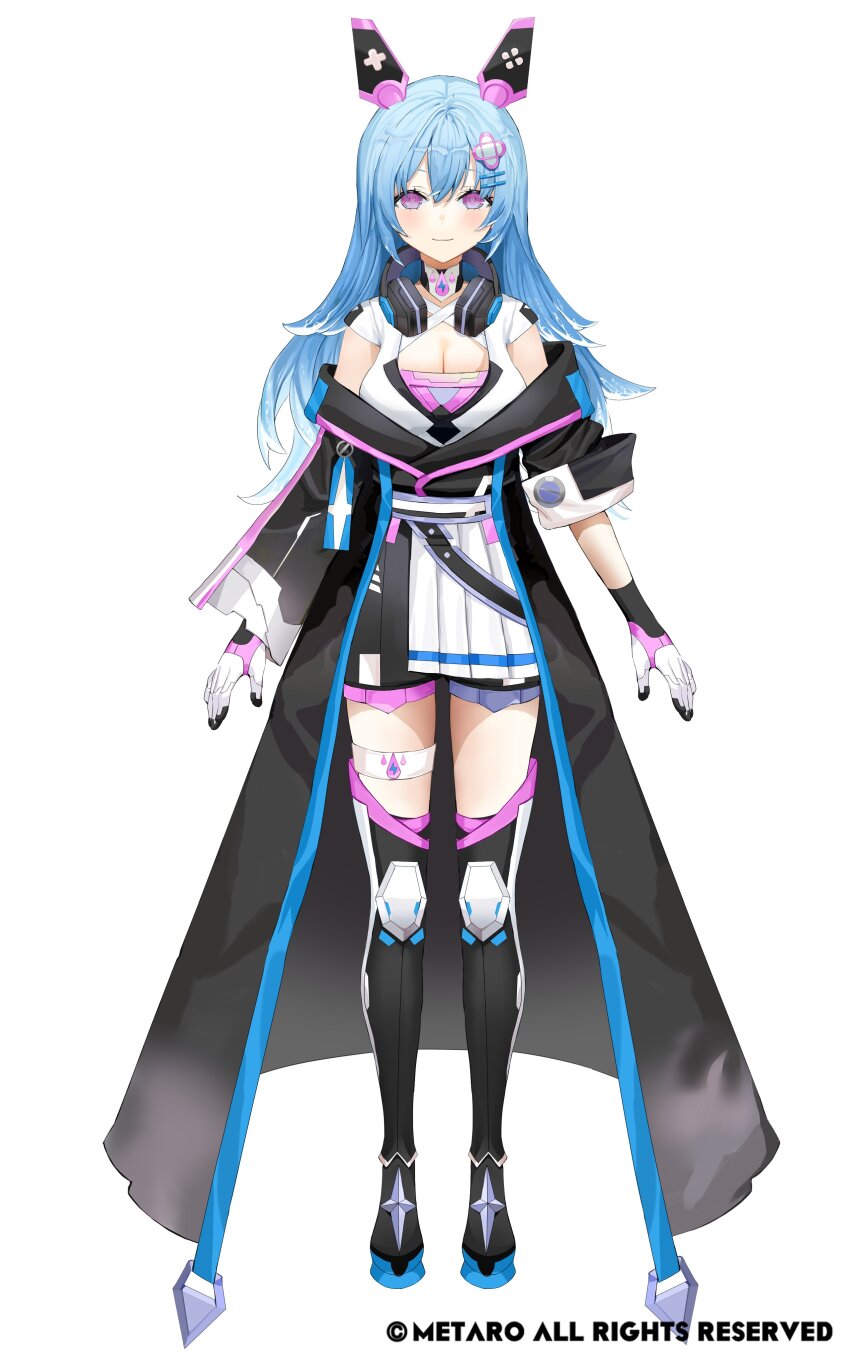 1girl, absurdres, black_coat, black_shoes, blue_hair, blush, boots, breasts, cleavage, coat, commentary_request, copyright_notice, etherna_celine, full_body, gloves, hair_ornament, hairclip, highres, korean_commentary, lloule, long_hair, looking_at_viewer, multicolored_gloves, official_art, purple_eyes, shoes, simple_background, sleeves_rolled_up, solo, thigh_boots, thigh_strap, v&amp;u_entertainment, virtual_youtuber, white_background, white_gloves