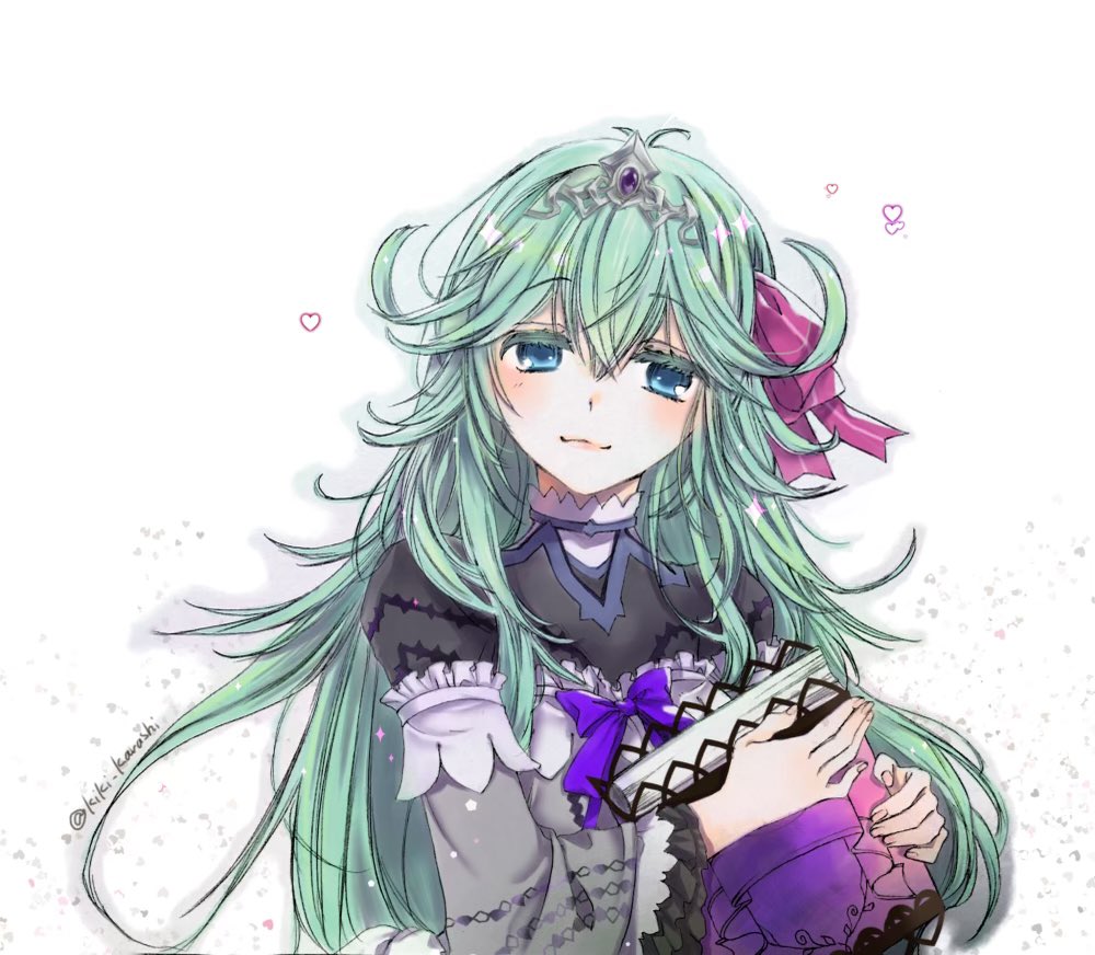 1girl, aqua_hair, blue_eyes, book, dress, grimms_notes, hair_ribbon, heart, holding, holding_book, kiki_karashi, long_hair, messy_hair, pink_ribbon, princess_aurora_(grimms_notes), purple_ribbon, ribbon, smile, solo, tiara, twitter_username, upper_body, white_background