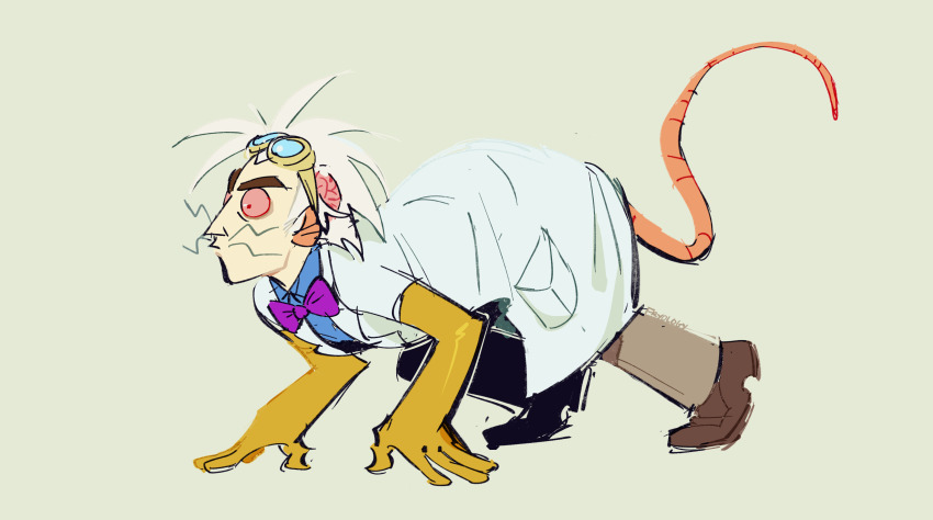 1boy, absurdres, all_fours, blue_shirt, bow, bowtie, brain, brown_pants