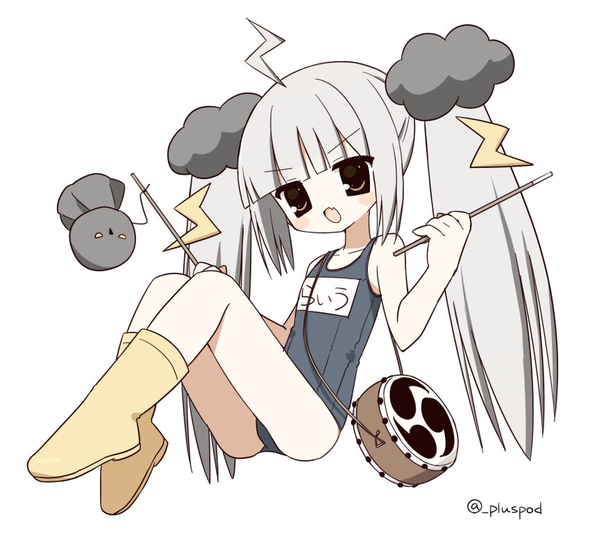 1girl, 2000s_(style), ahoge, blunt_bangs, blush, boots, child, cloud_hair_ornament