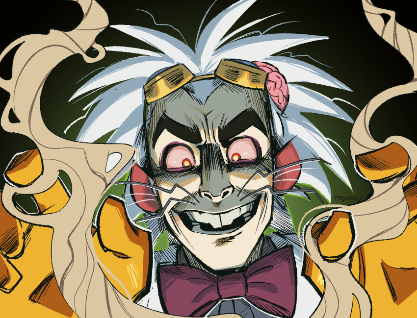 1boy, artist_name, bags_under_eyes, black_background, bow, bowtie, brain, bright_pupils