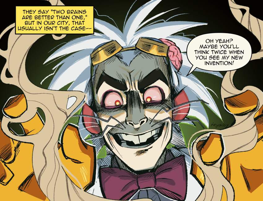 1boy, artist_name, bags_under_eyes, black_background, bow, bowtie, brain, bright_pupils, buck_teeth, coat, collared_shirt, colored_sclera, comic_panel_redraw, commentary, crazy_eyes, crazy_smile, derivative_work, dr._two-brains, english_commentary, english_text, evil_smile, exposed_brain, fryology, furrowed_brow, gloves, goggles, goggles_on_head, green_background, grin, highres, lab_coat, looking_at_viewer, mad_scientist, male_focus, medium_hair, messy_hair, mismatched_eyebrows, nose, nostrils, open_mouth, pink_sclera, purple_bow, purple_bowtie, red_eyes, scientist, shaded_face, shirt, signature, simple_background, smile, solo, speech_bubble, steven_boxleitner, talking, teeth, whiskers, white_coat, white_hair, widow's_peak, wordgirl_(series), yellow_gloves, yellow_pupils