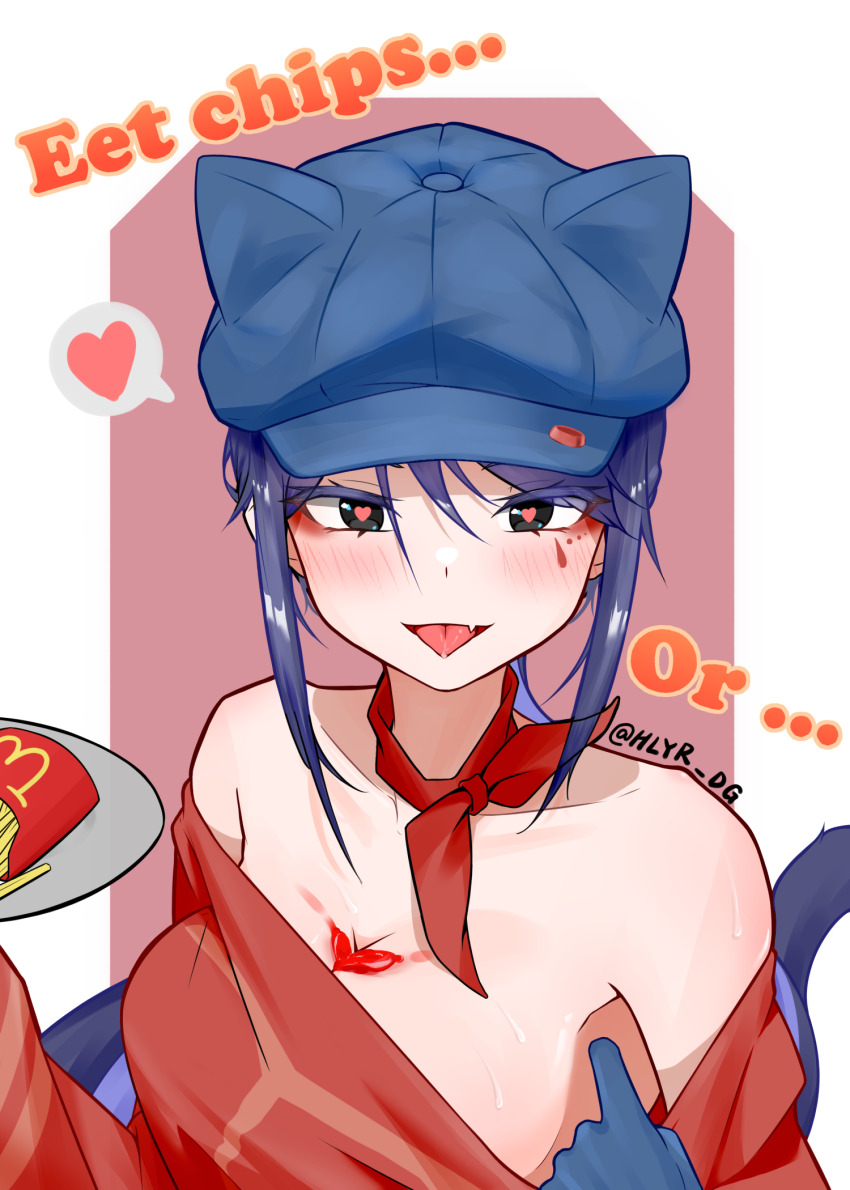 1girl, animal_ear_headwear, animal_ears, bare_shoulders, black_eyes, blue_gloves, blue_hair, bow