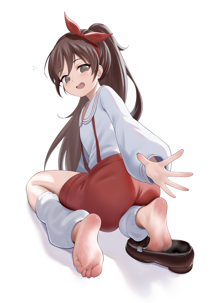 1girl, absurdres, barefoot, brown_hair, feet, hair_ribbon, highres, j.c.14, loafers, long_sleeves, looking_at_viewer, looking_back, loose_socks, open_mouth, ponytail, red_ribbon, ribbon, ruirui_(taozhu_tongshu), shoes, simple_background, socks, soles, taozhu_tongshu, toes, white_background, white_socks