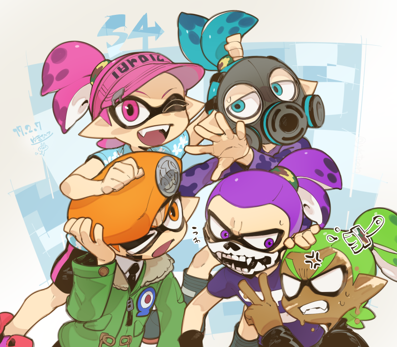 5boys, aloha-kun_(splatoon), aloha_shirt_(splatoon), anger_vein, angry, army-kun_(splatoon), bandana, bandana_over_mouth